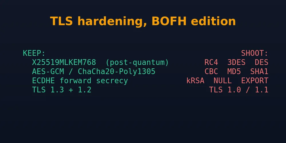 Dovecot TLS hardening: post-quantum ciphers kept, RC4 3DES CBC MD5 SHA1 removed