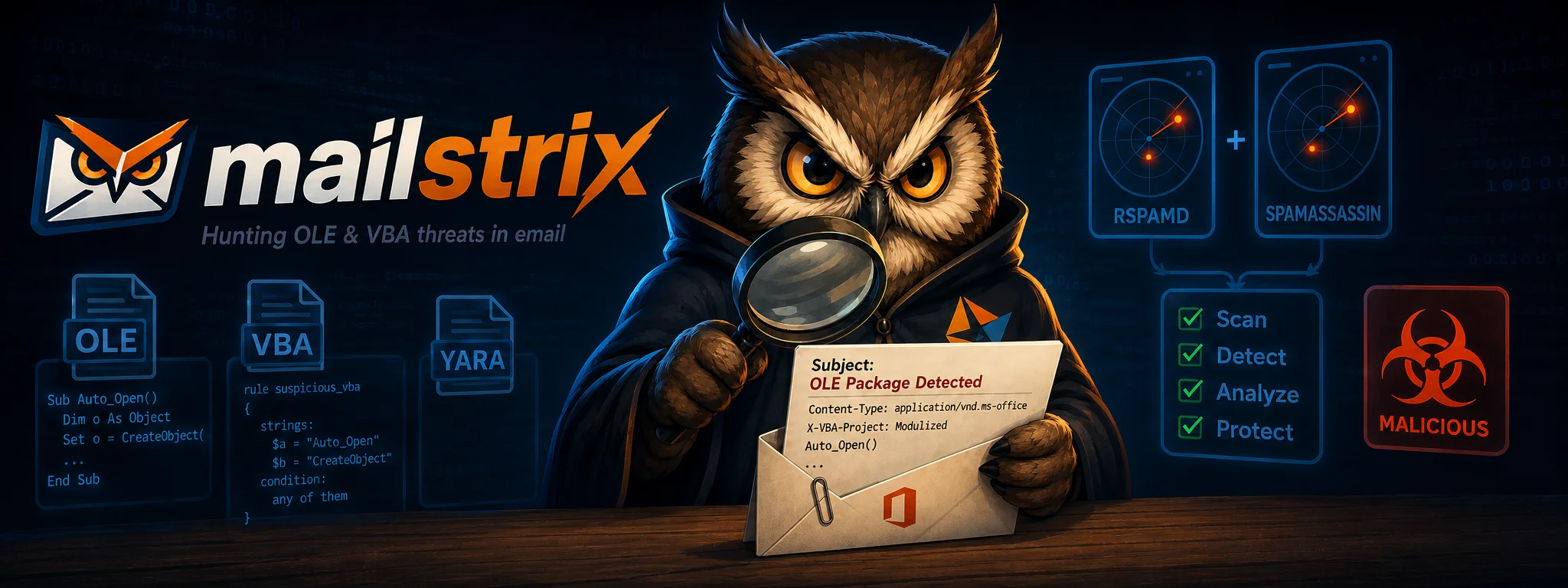 Mailstrix owl mascot — YARA malware scanning for Rspamd mail